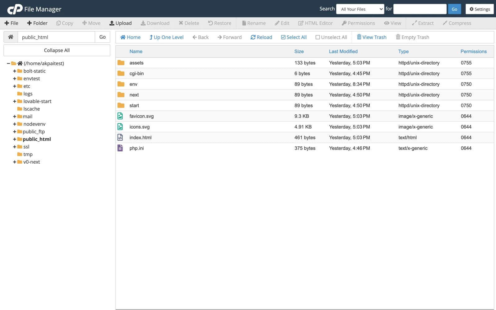 cPanel File Manager: solda ev dizininde bolt-static, lovable-start, v0-next ve nodevenv klasörleri; sağda public_html içinde statik sitenin dosyaları