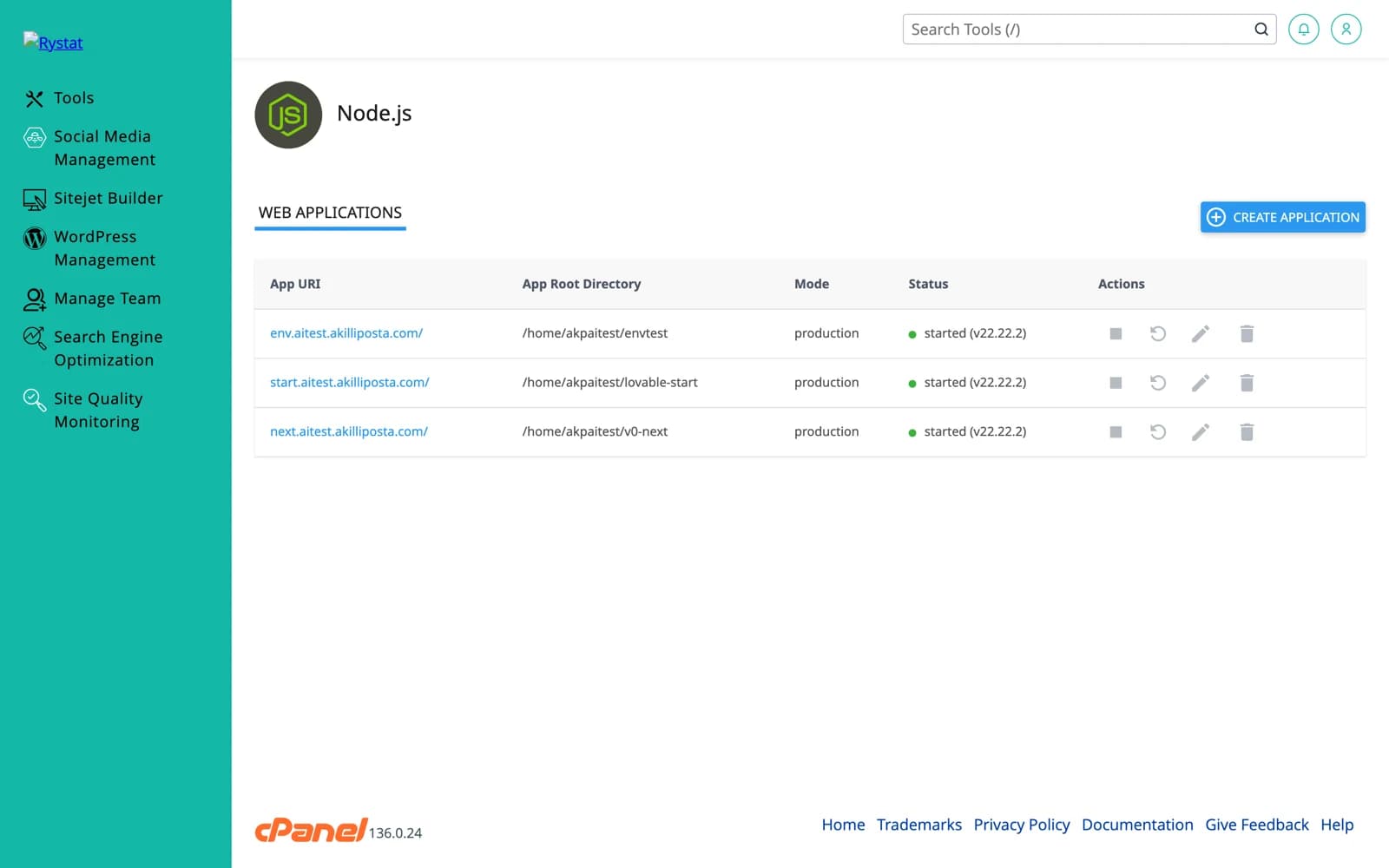 cPanel Node.js ekranı: next, start ve env alt alanlarında üç uygulama, production modunda, Node 22.22.2 ile started durumunda