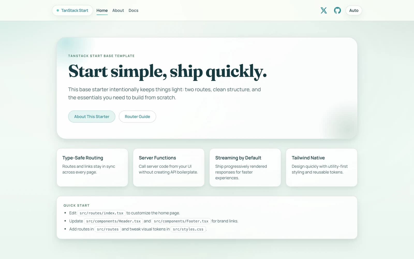TanStack Start başlangıç sayfası start.aitest.akilliposta.com adresinde, Node.js uygulaması olarak açık