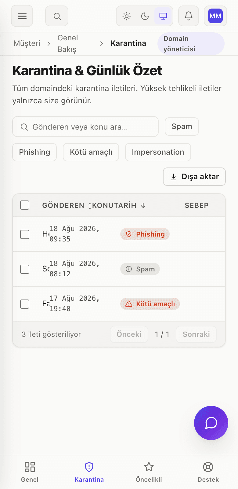 AkıllıPosta paneli telefonda — posta listesi ve kutu yönetimi ekranı